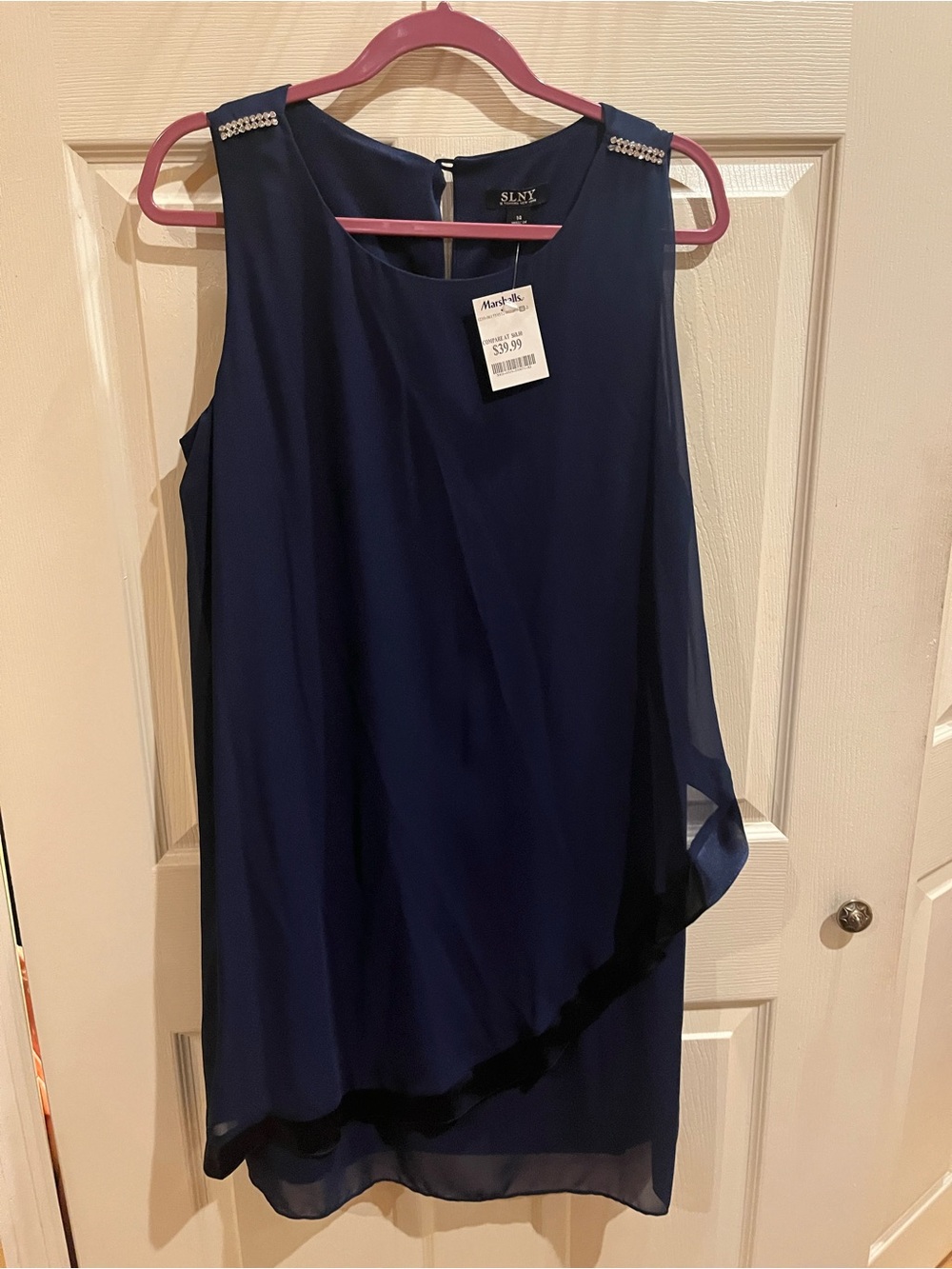 SLNY Navy Asymmetrical Overlay Dress with Shoulder Accents